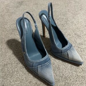 Pointed-Toe Denim Slingback Heels - Blue